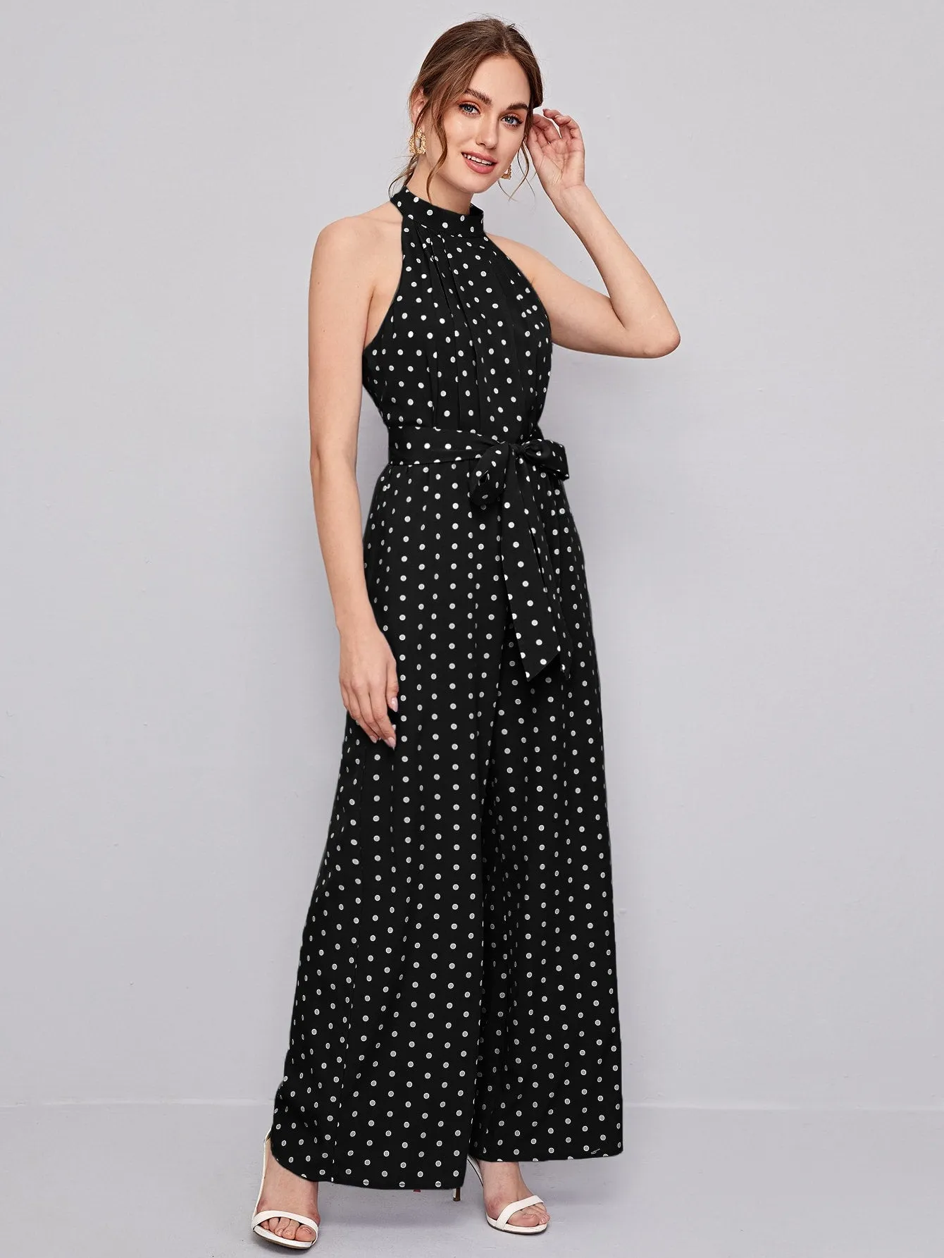 Elegant Polka Dot Zipper Sleeveless Halter High Waist Long Women Jumpsuit