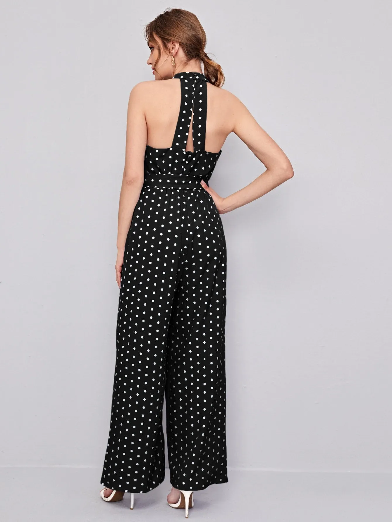 Elegant Polka Dot Zipper Sleeveless Halter High Waist Long Women Jumpsuit