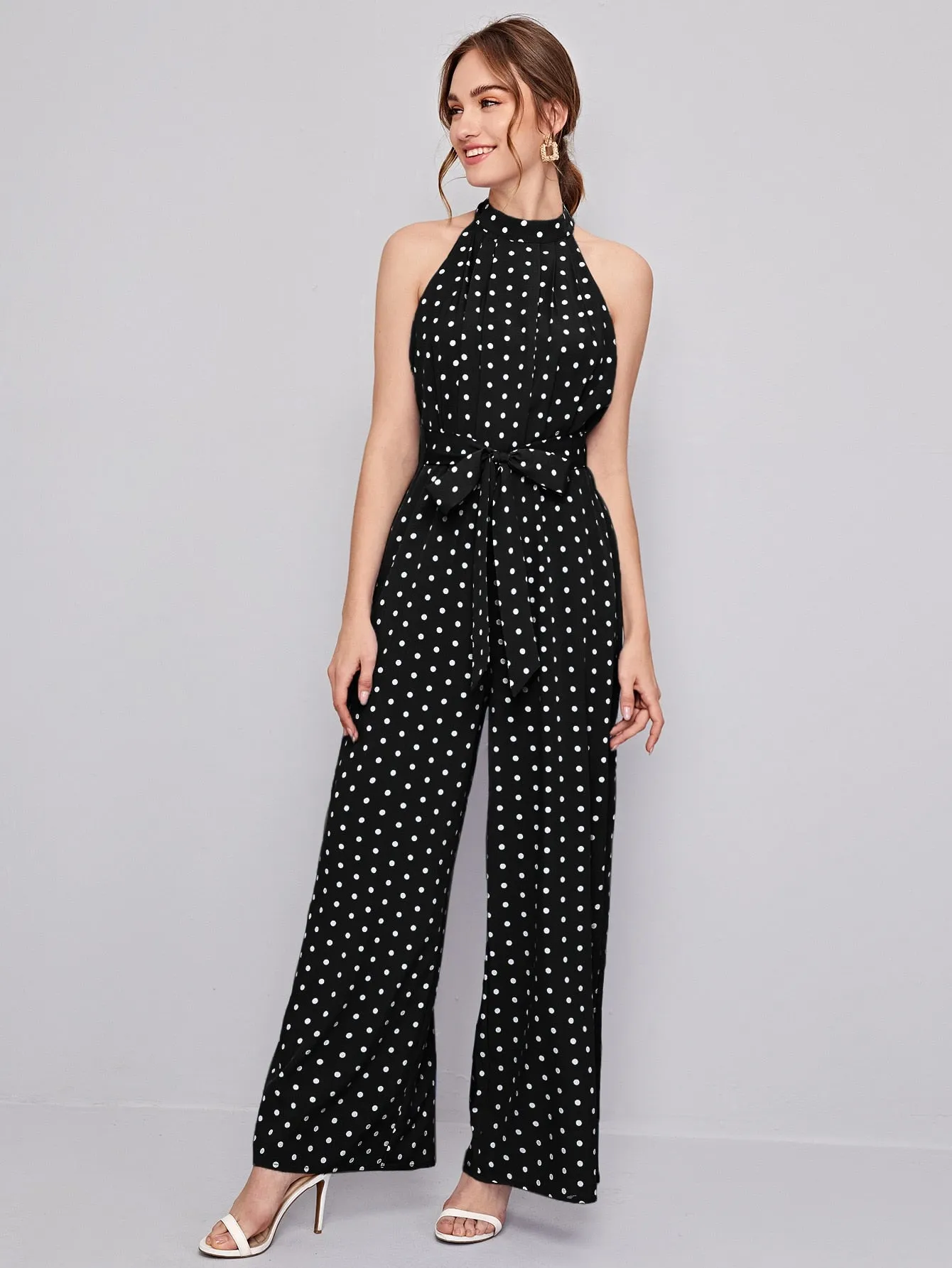 Elegant Polka Dot Zipper Sleeveless Halter High Waist Long Women Jumpsuit