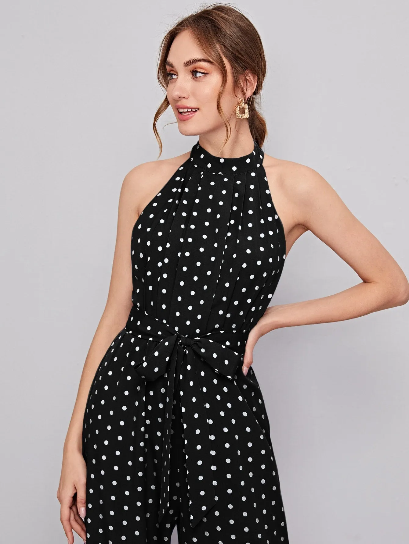 Elegant Polka Dot Zipper Sleeveless Halter High Waist Long Women Jumpsuit