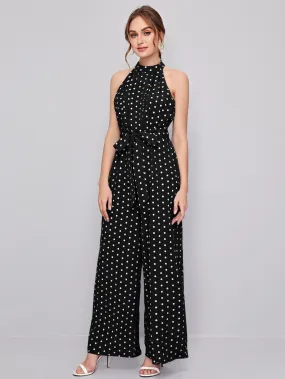 Elegant Polka Dot Zipper Sleeveless Halter High Waist Long Women Jumpsuit