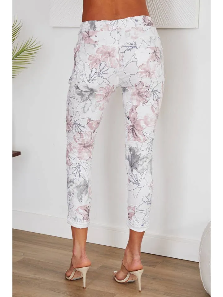 Ellie Floral Print White Crinkle Jogger