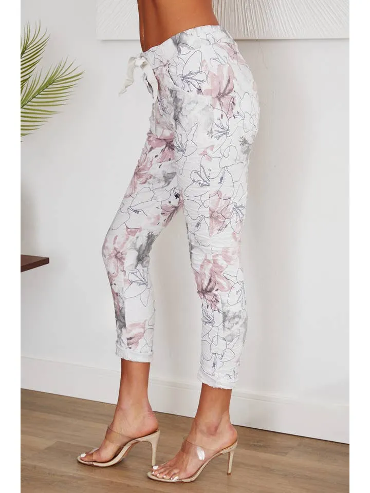 Ellie Floral Print White Crinkle Jogger