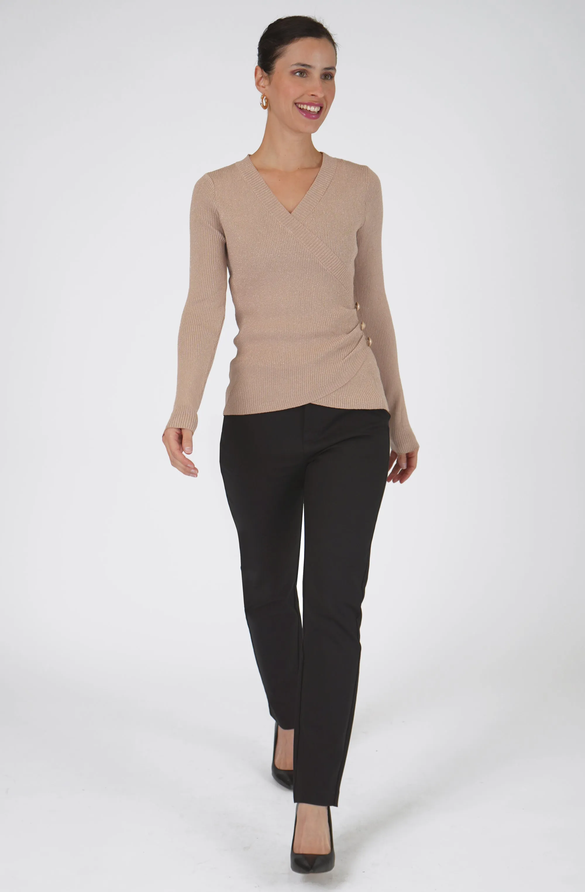 Faux Wrap Knit Top with Gold Buttons