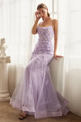 FITTED FLORAL APPLIQUE TULLE GOWN