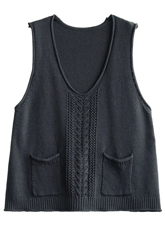 Fitted Mulberry V Neck Hollow Out Pockets Fall Knit Sleeveless Waistcoat