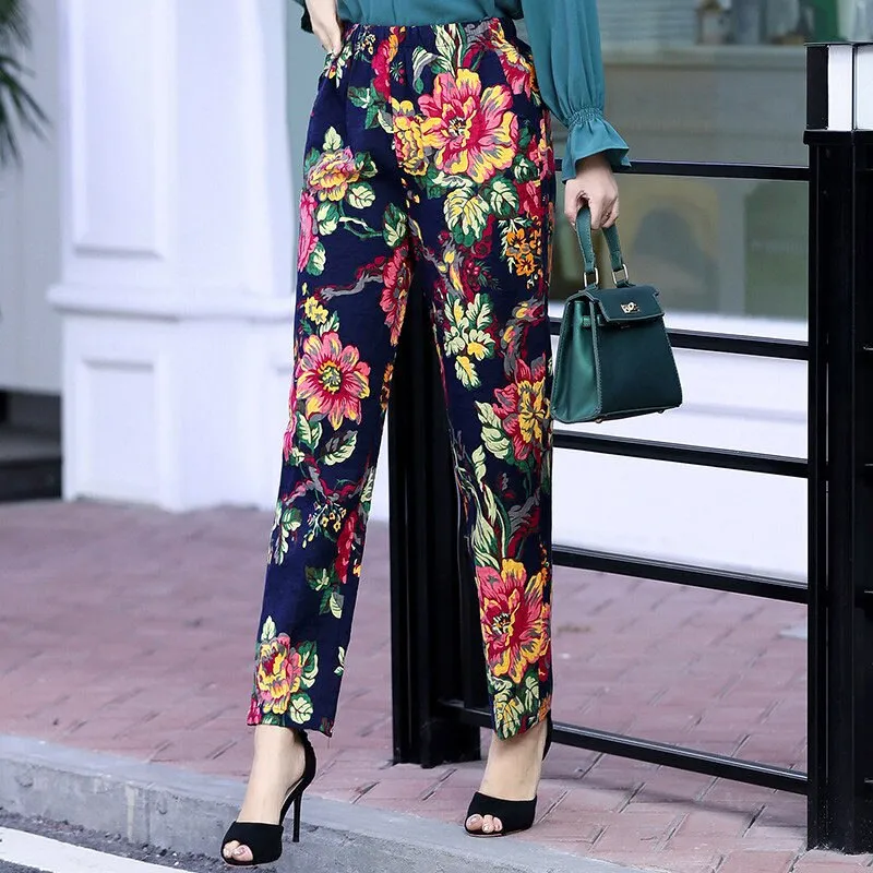 Floral Print Plaid Pants