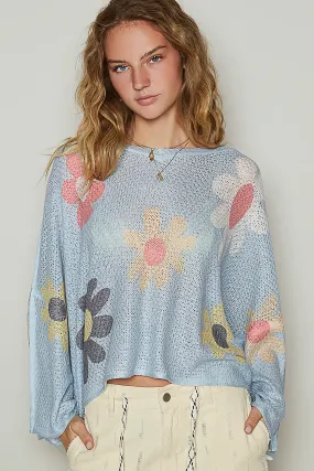 Flower Dropped Shoulder Long Sleeve Knit Top