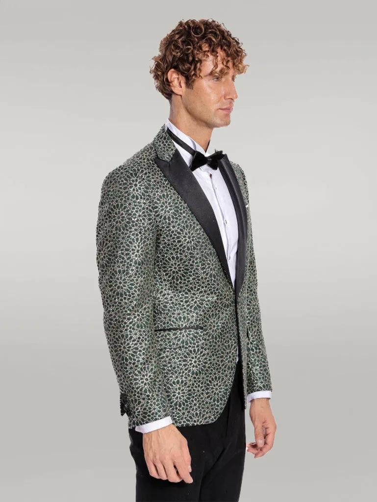 Flower Embroidered Pattern Green Men Party Tuxedo Jacket - Wessi