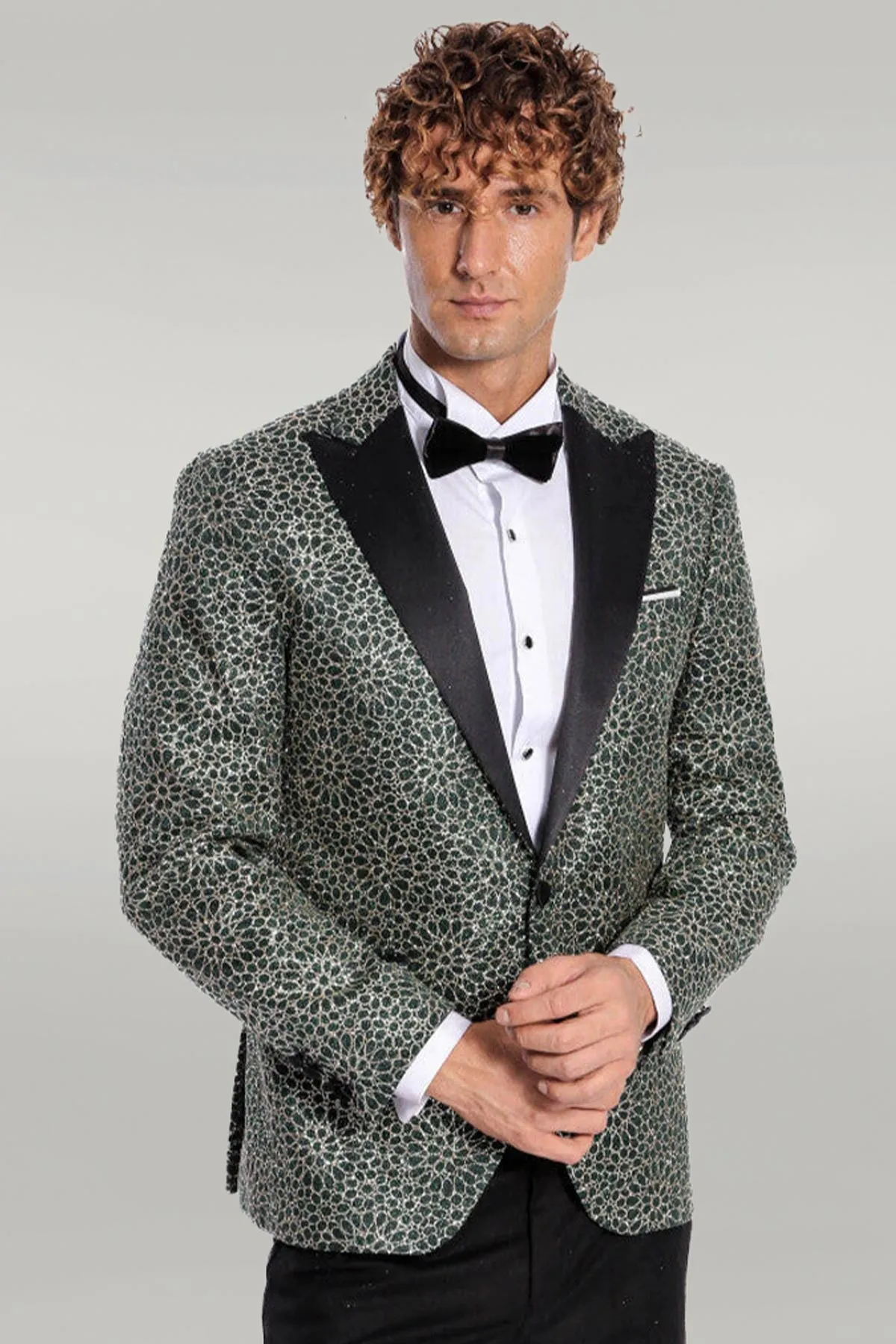 Flower Embroidered Pattern Green Men Party Tuxedo Jacket - Wessi