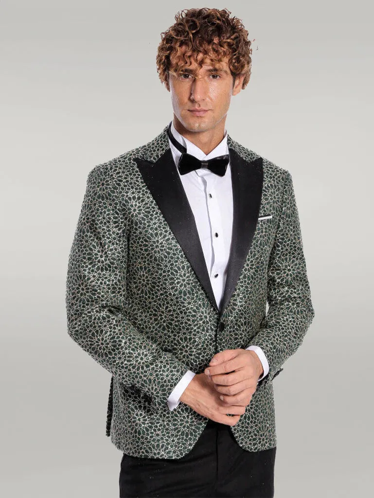 Flower Embroidered Pattern Green Men Party Tuxedo Jacket - Wessi