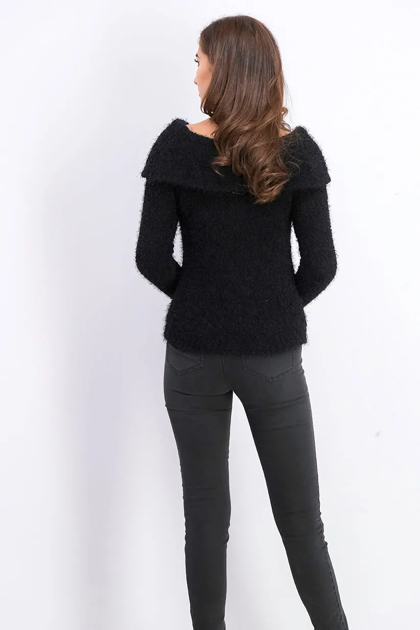 Freshman Juniors' Off-The-Shoulder Fuzzy Sweater Black Size X-Large