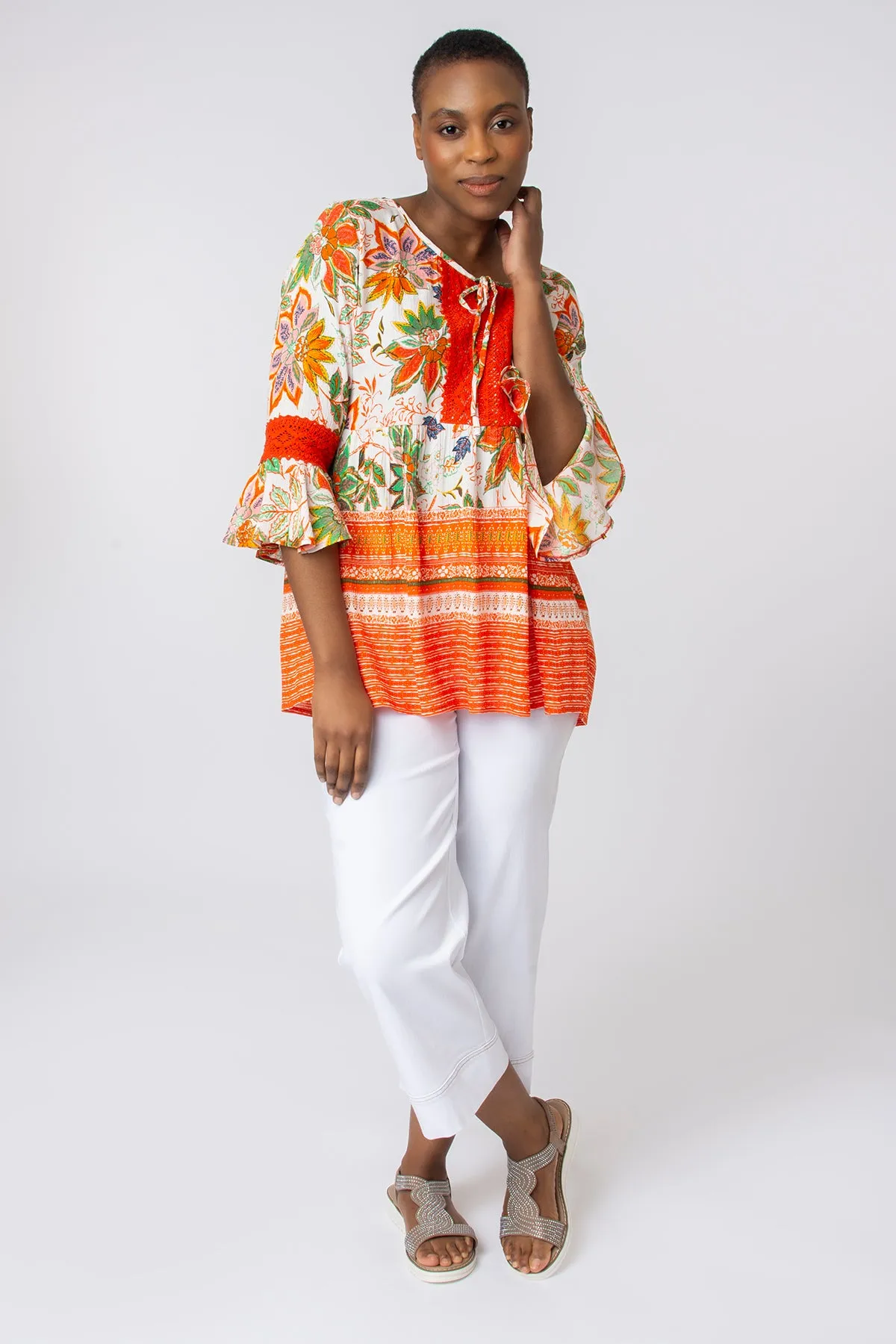 Frill sleeve multi border floral top