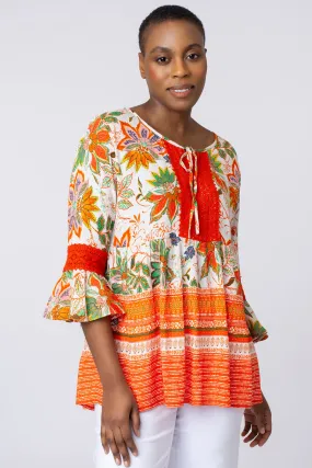 Frill sleeve multi border floral top