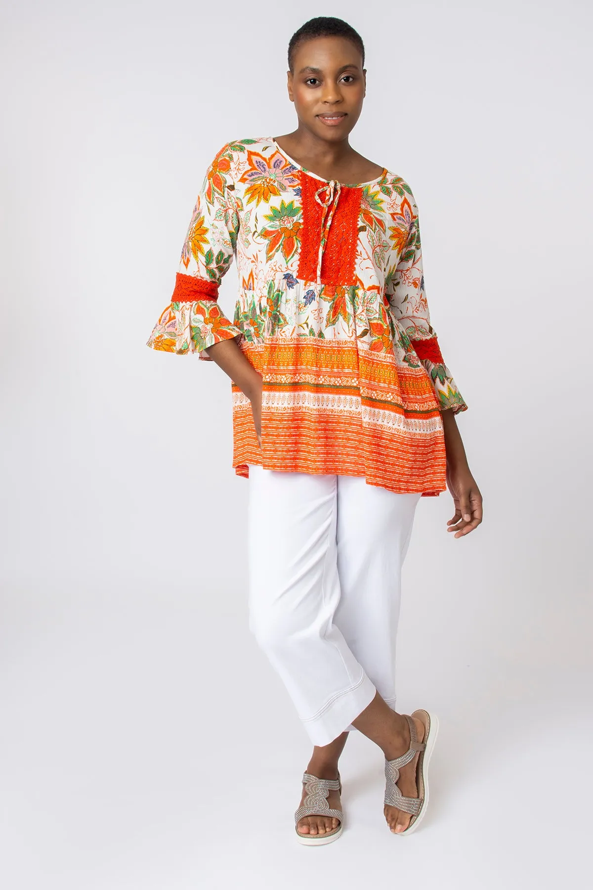 Frill sleeve multi border floral top