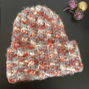 Fuzzy Extra Warm Wool Blend Ribbed Cable Knit Hat in Rust Cream & Blue Marble Hand Crocheted Beanie