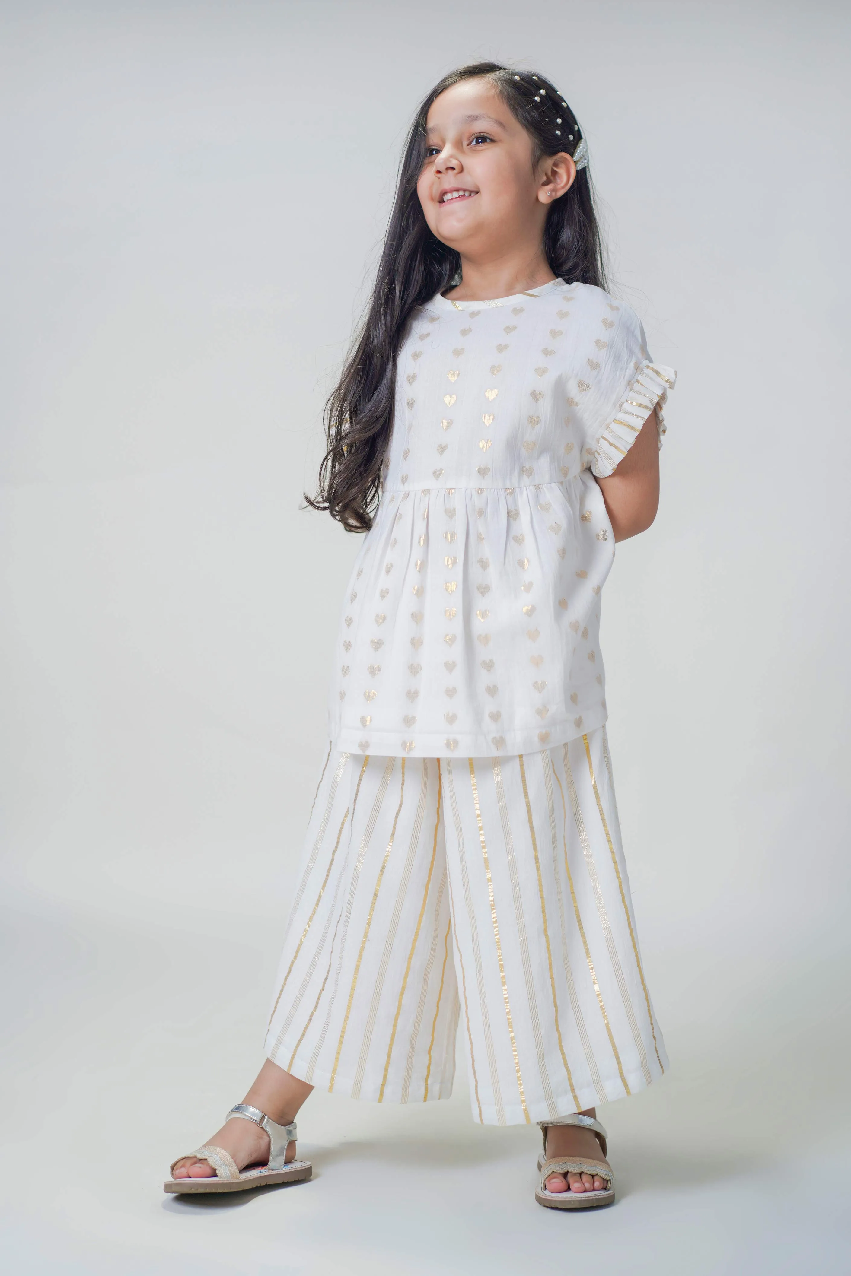 Girl Golden Culottes and Top Set-White