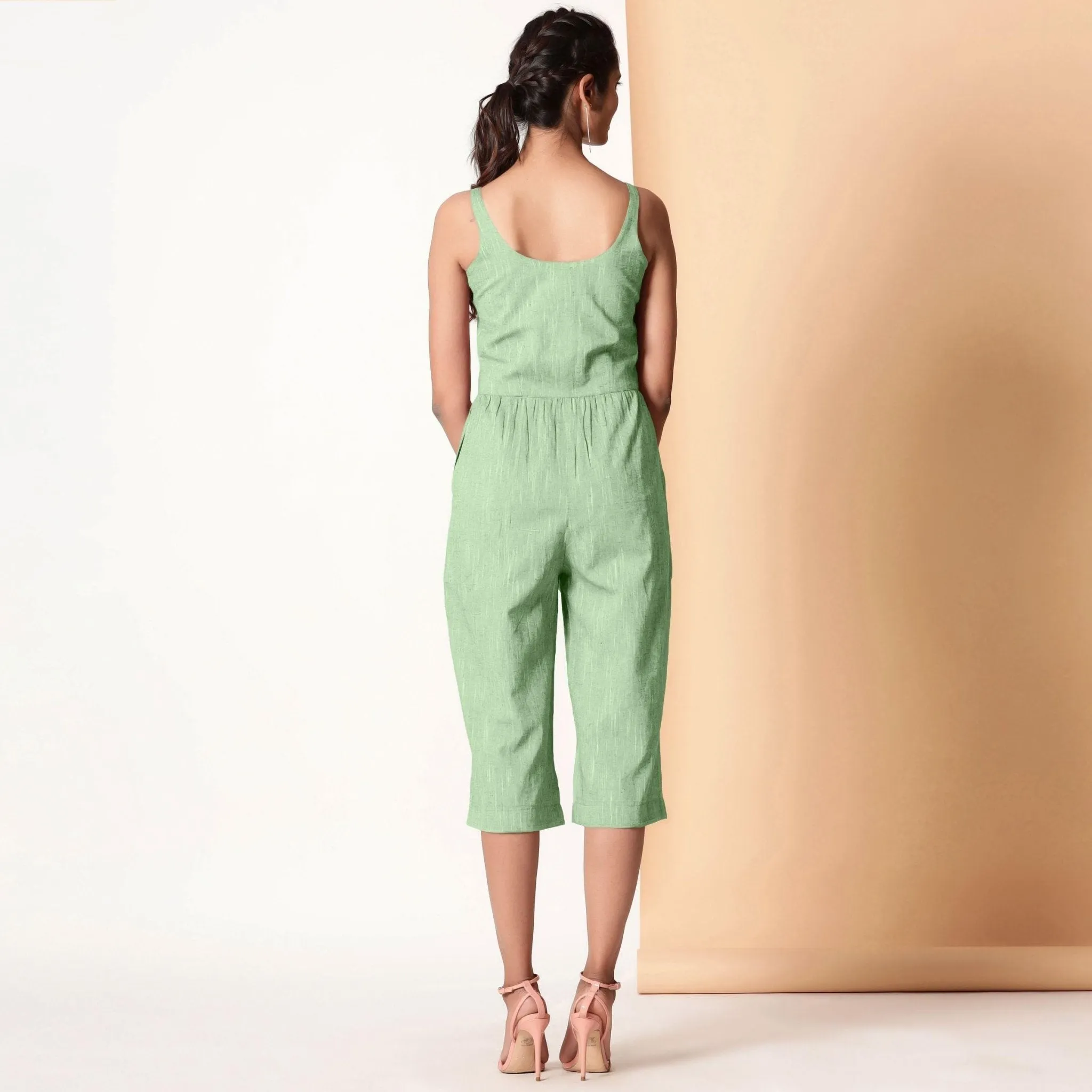 Green Cotton Sleeveless Button-Down Jumpsuit