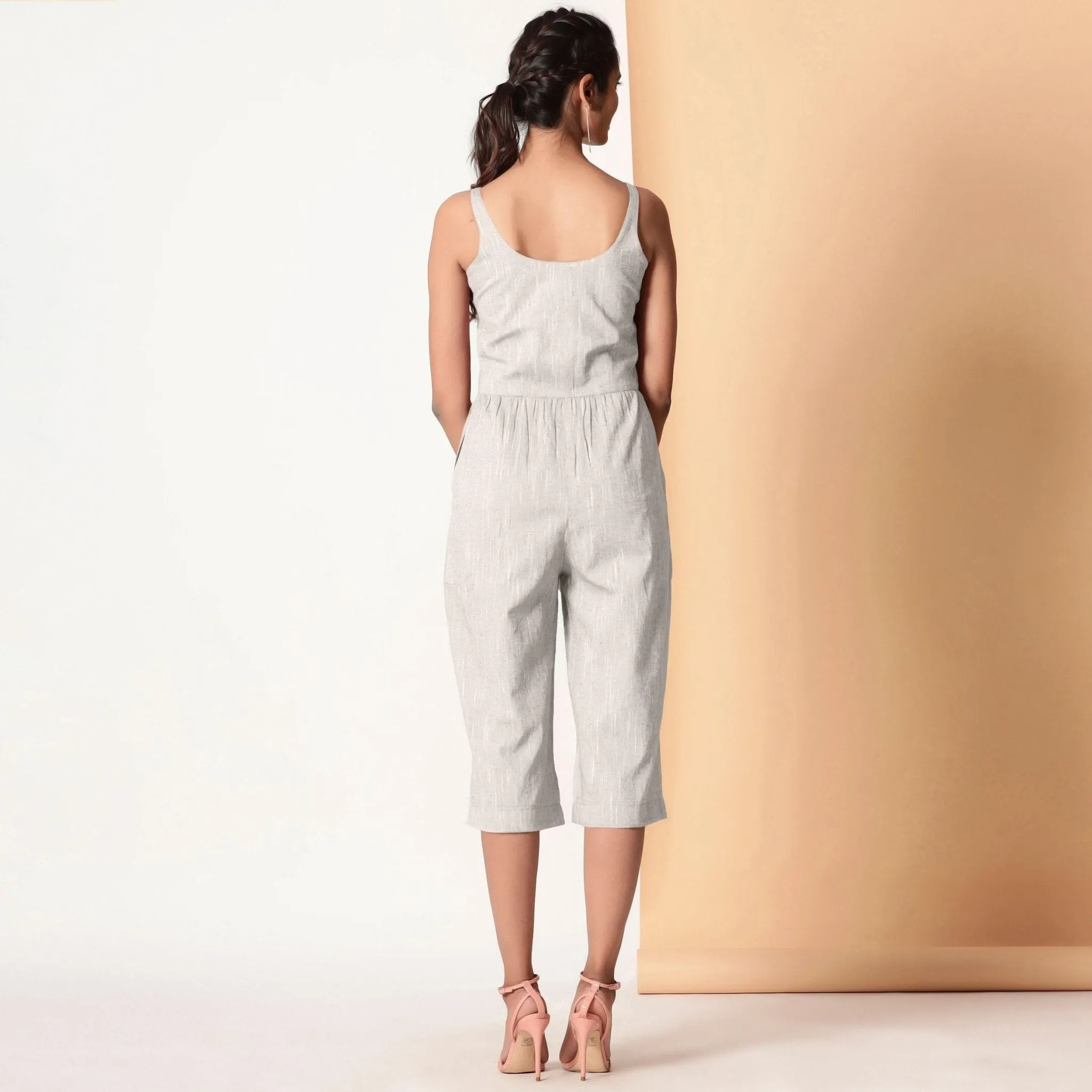 Grey Cotton Sleeveless Button-Down Jumpsuit