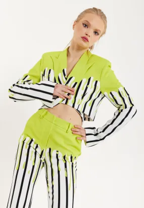 House Of Holland Stripe Monochrome Acid Green Splash Crop Blazer With Belt