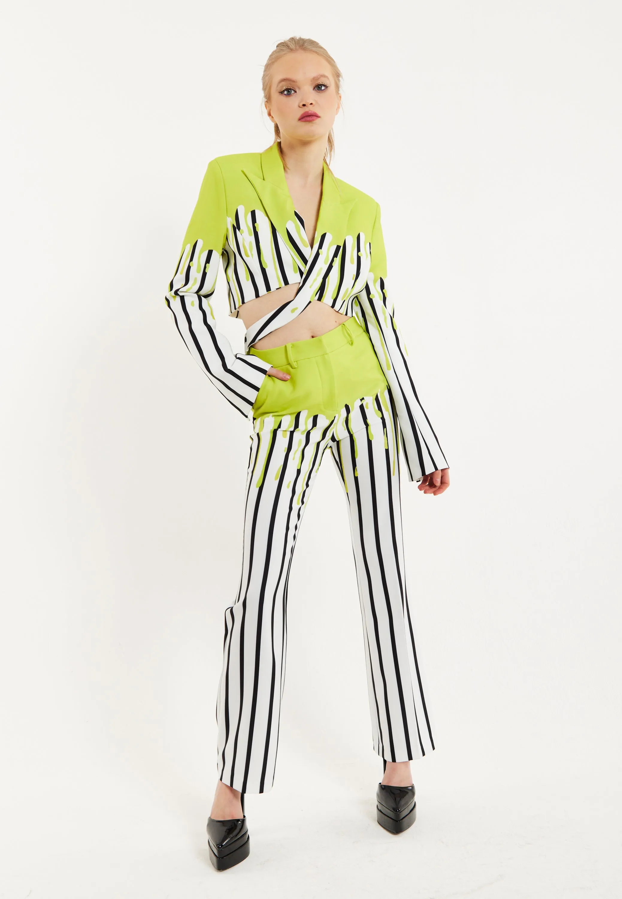 House Of Holland Stripe Monochrome Acid Green Splash Crop Blazer With Belt