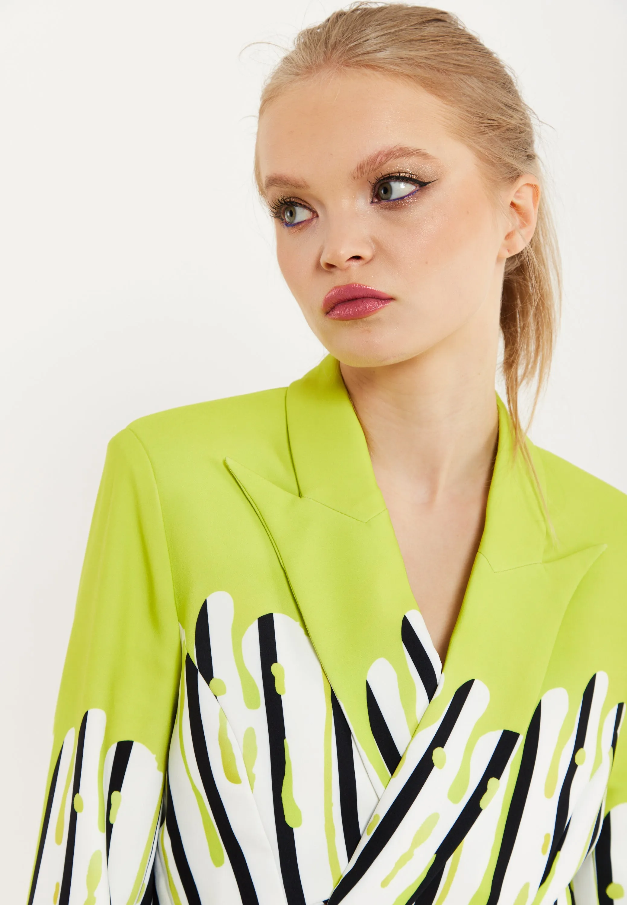 House Of Holland Stripe Monochrome Acid Green Splash Crop Blazer With Belt