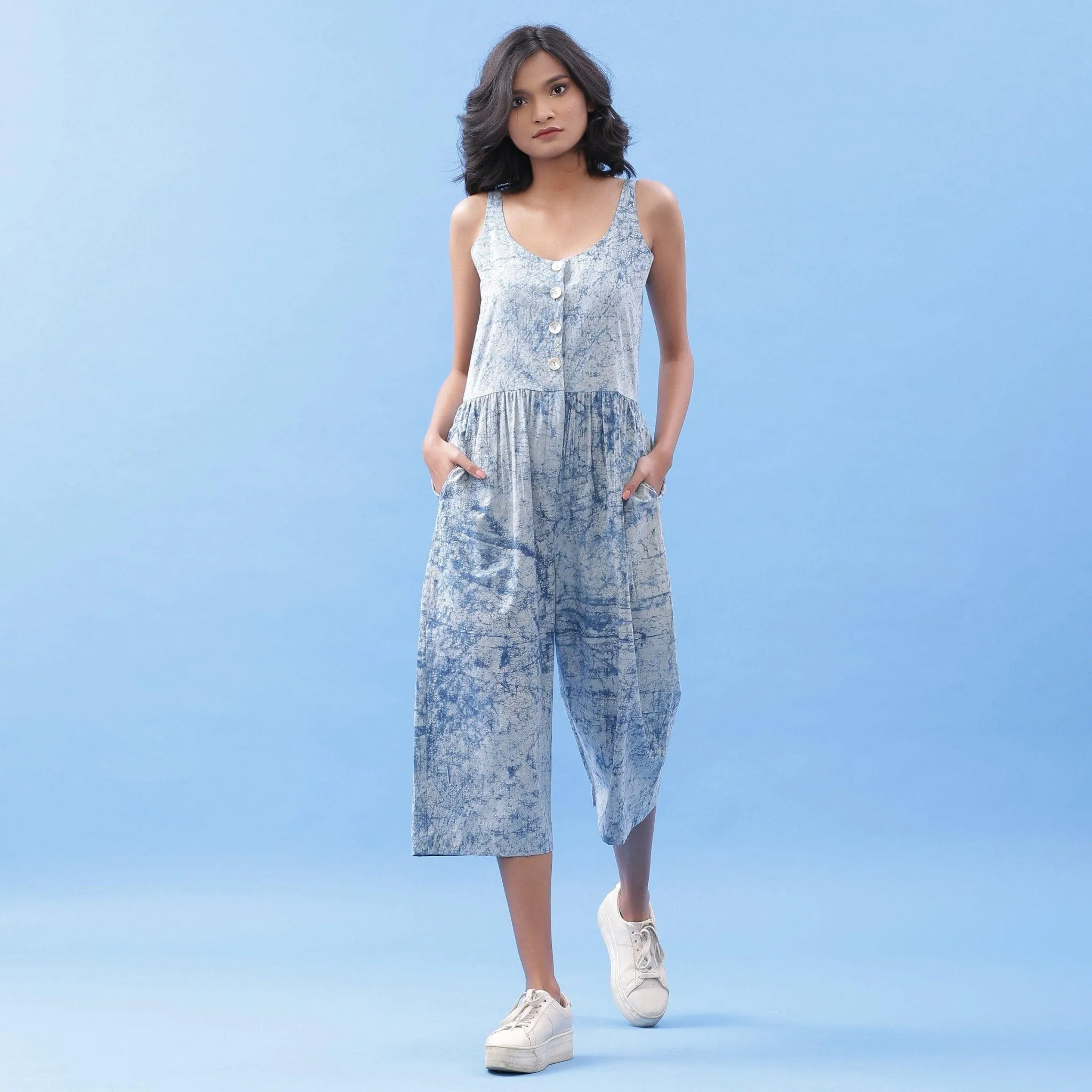 Indigo Dabu Print Cotton Button-Down Midi Jumpsuit