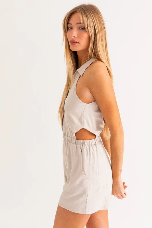 LE LIS Women's Taupe Collared Sleeveless Side Cutout Romper