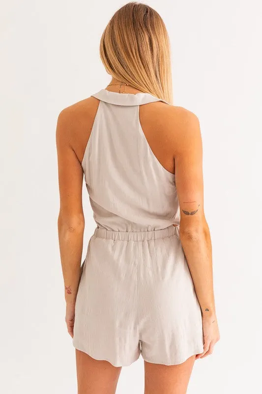 LE LIS Women's Taupe Collared Sleeveless Side Cutout Romper