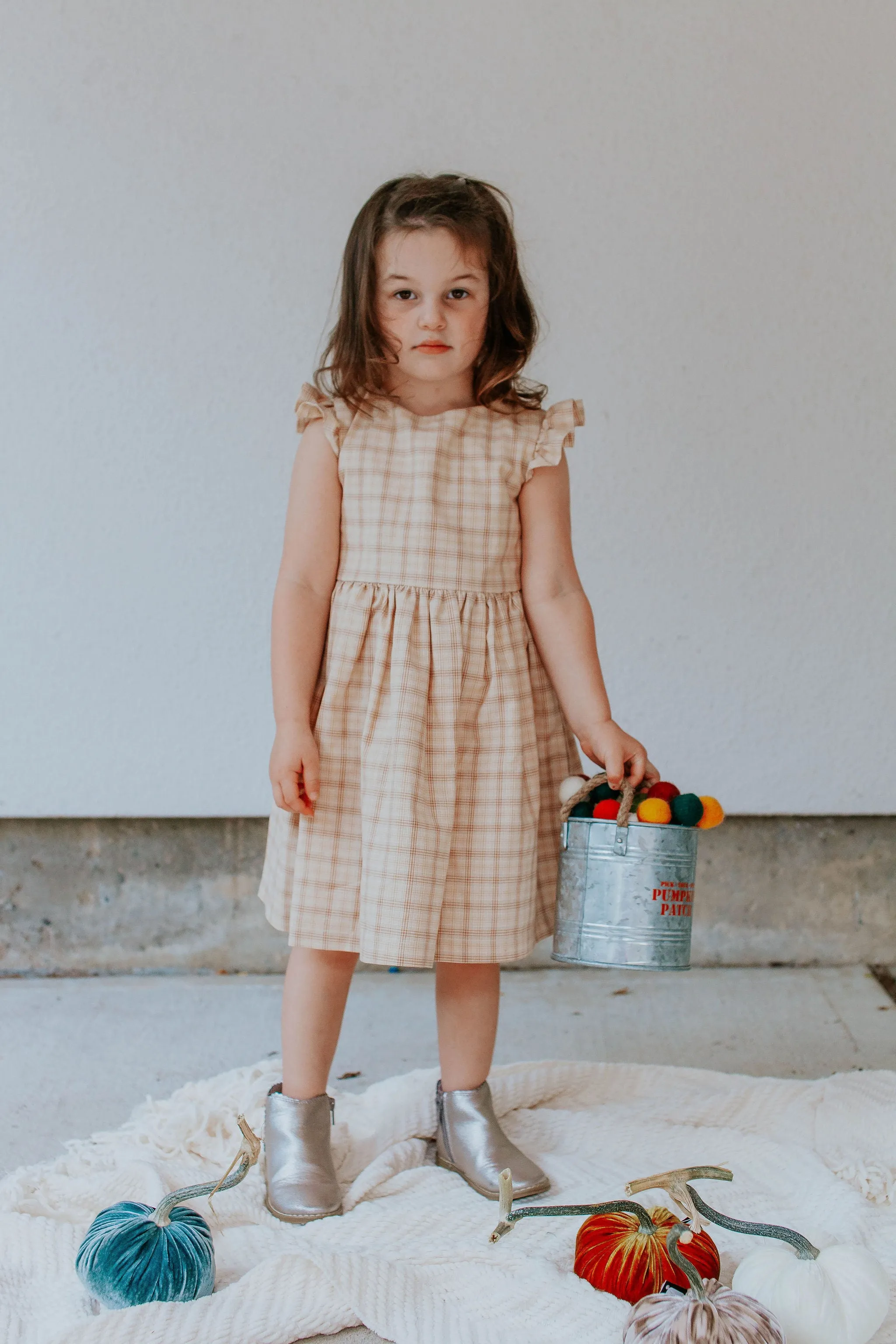 Little Girl's Beige Plaid Ruffle Sleeve Cotton Dress