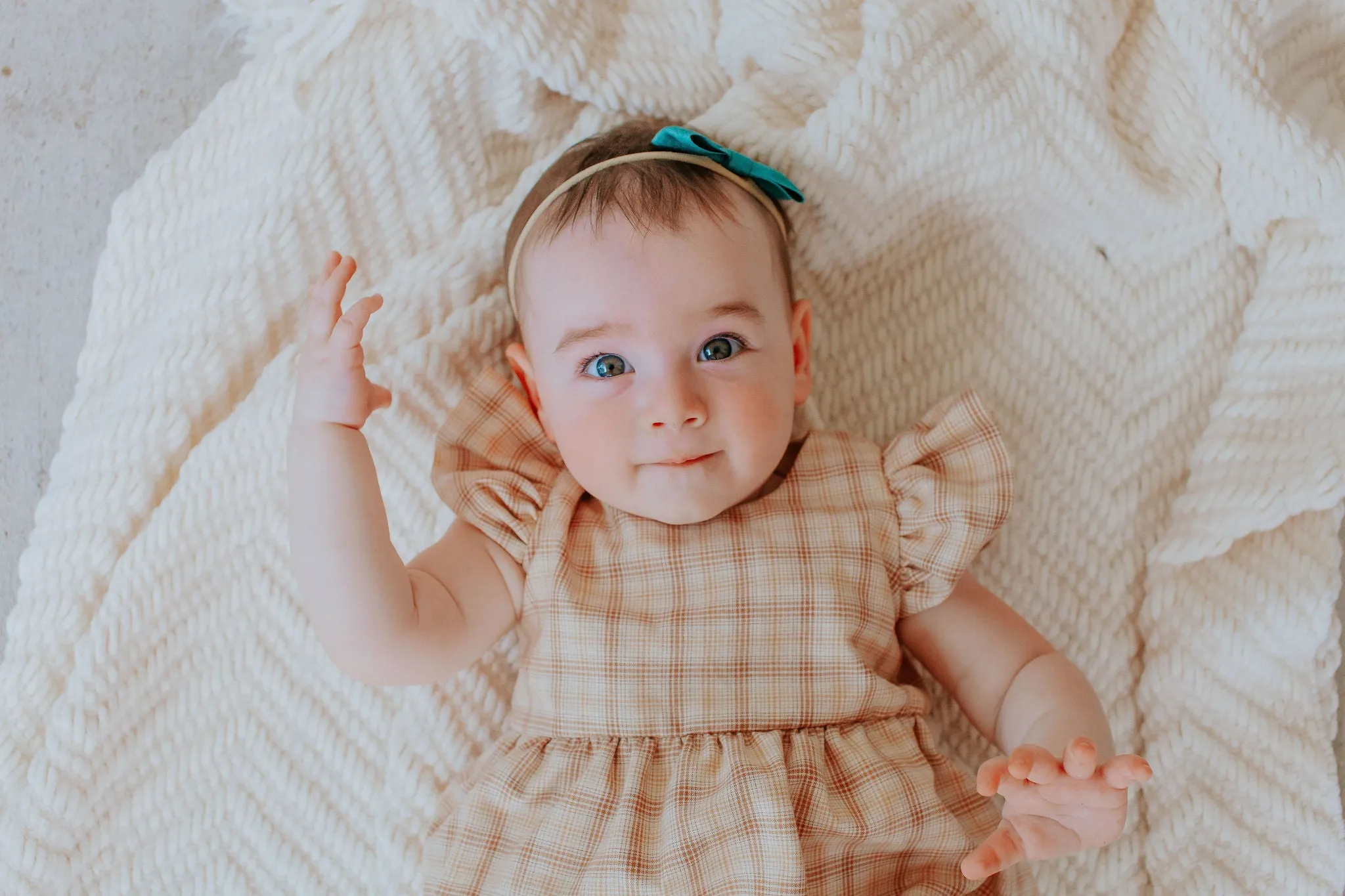 Little Girl's Beige Plaid Ruffle Sleeve Cotton Dress