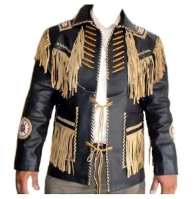 Men's Leather Jacket Western Wear Cowboy Black Beige Fringe Jacket