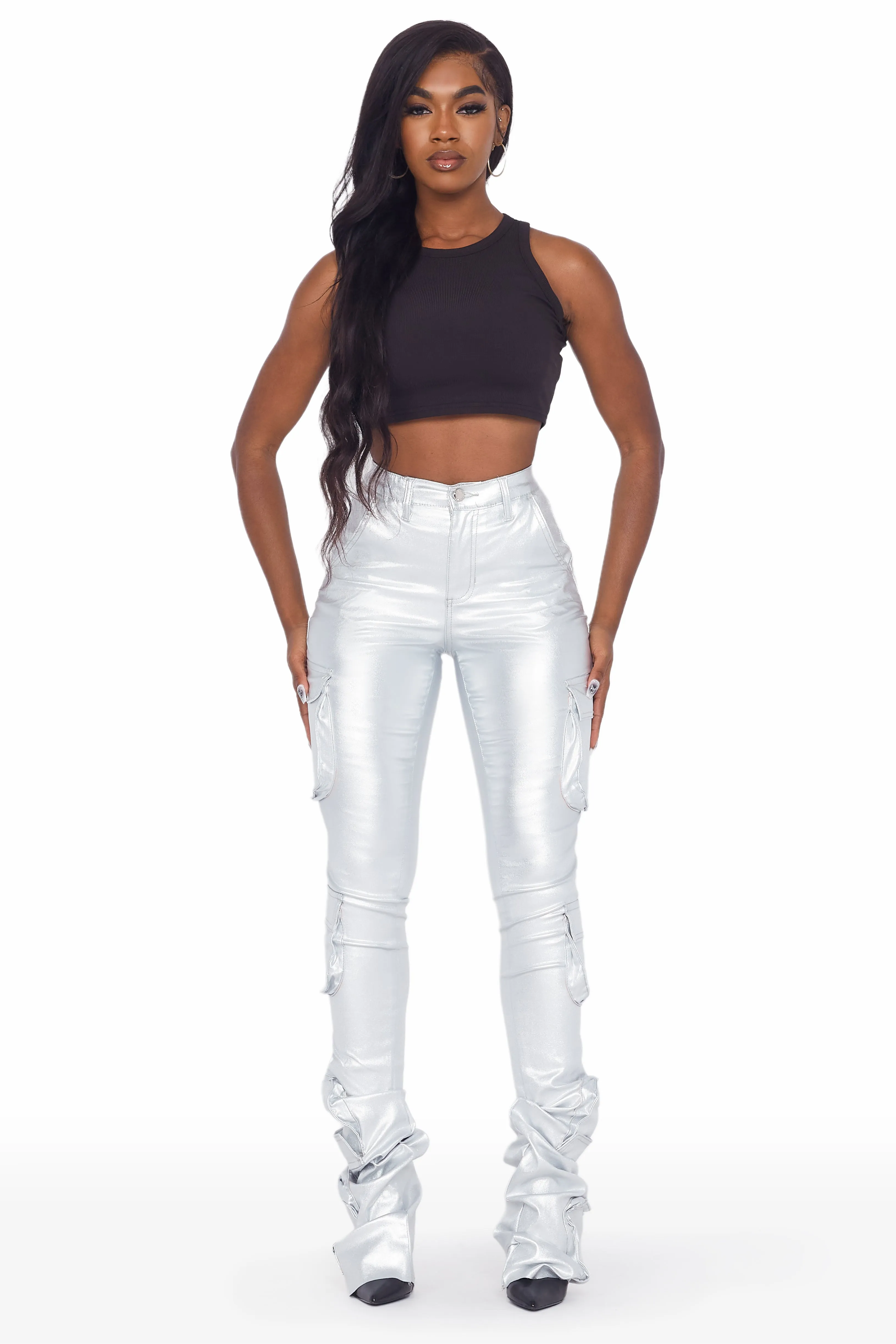 Miracle Silver PU Cargo Super Stacked Pant