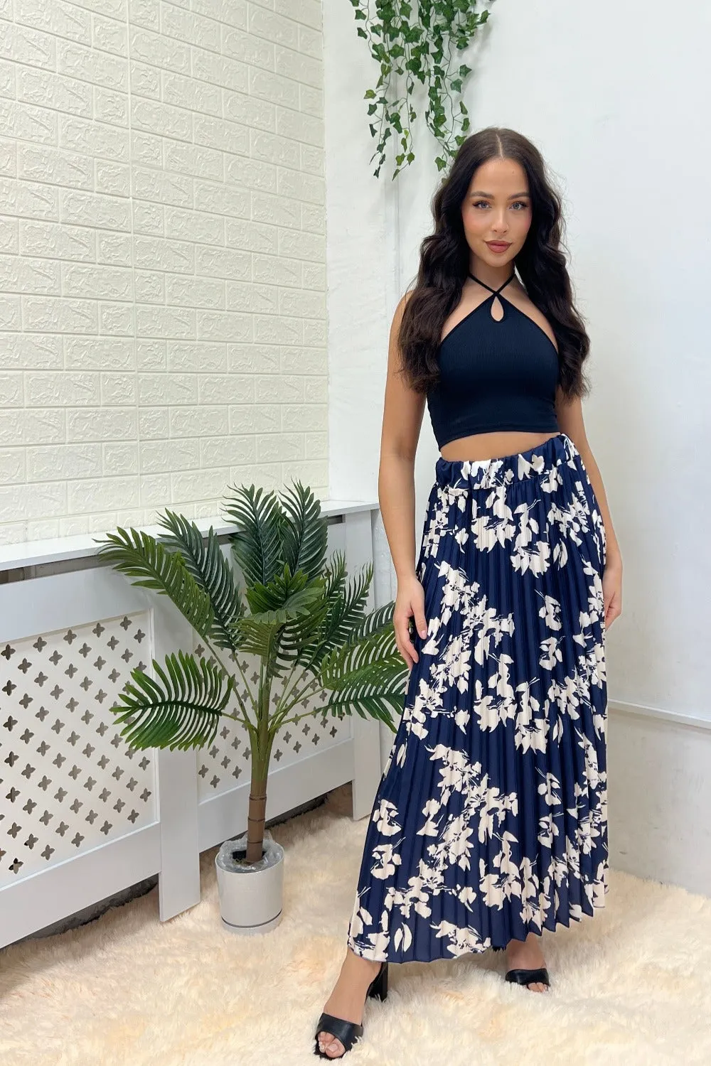 NAVY FLORAL PLEATED MAXI SKIRT