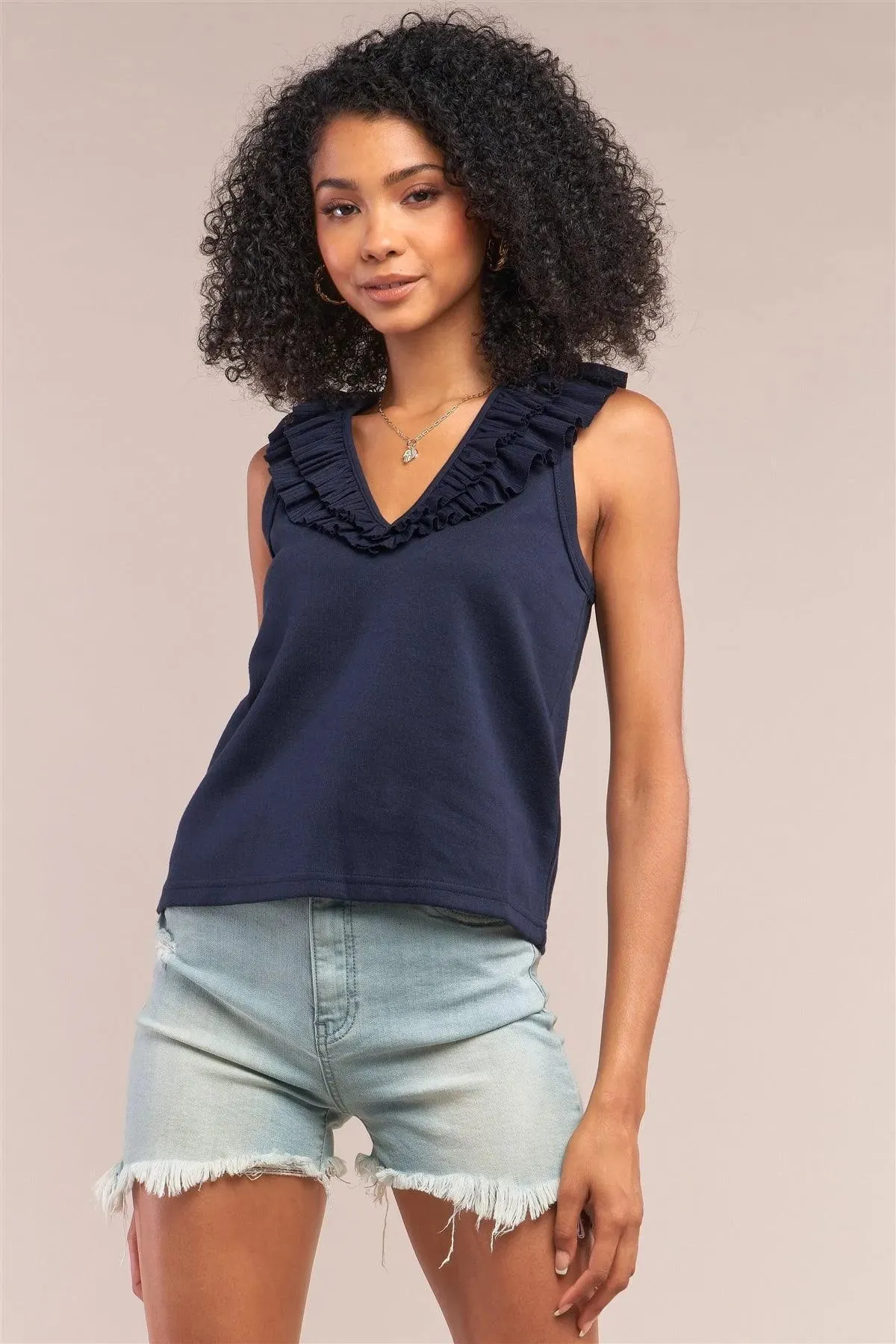 Navy Sleeveless Ribbed Ruffle V-Neck Trim Detail Vest Top /3-3