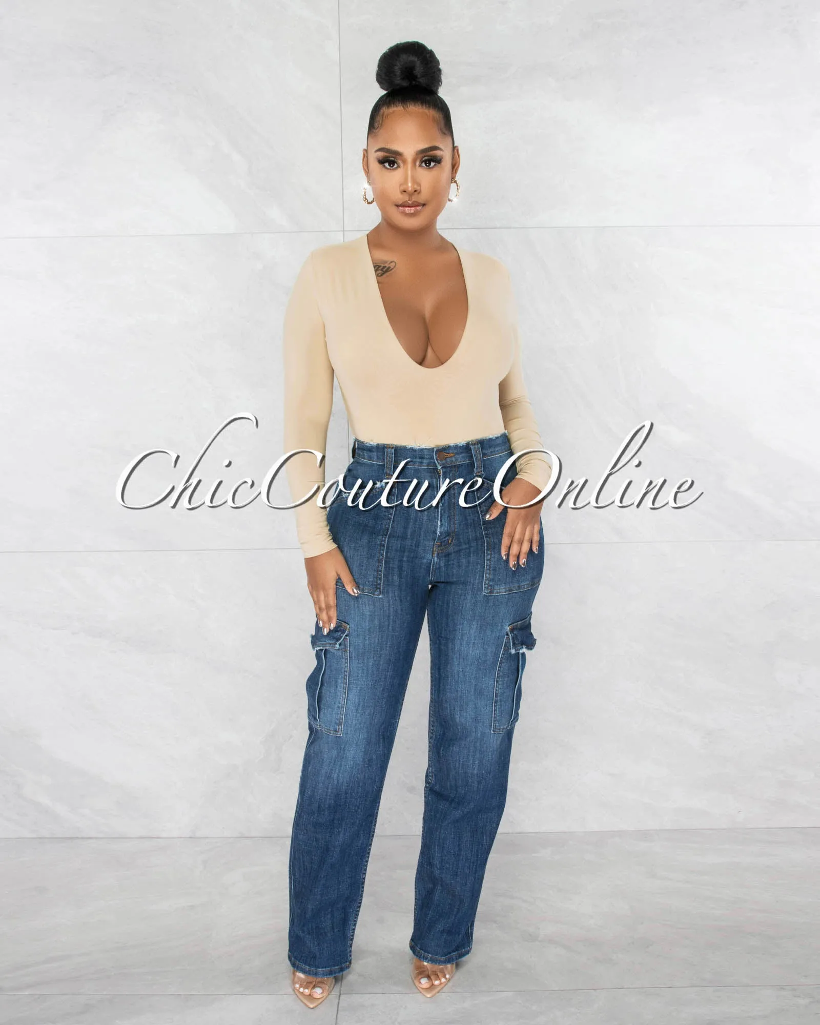 Nilam Nude Deep V Neck Long Sleeves Bodysuit