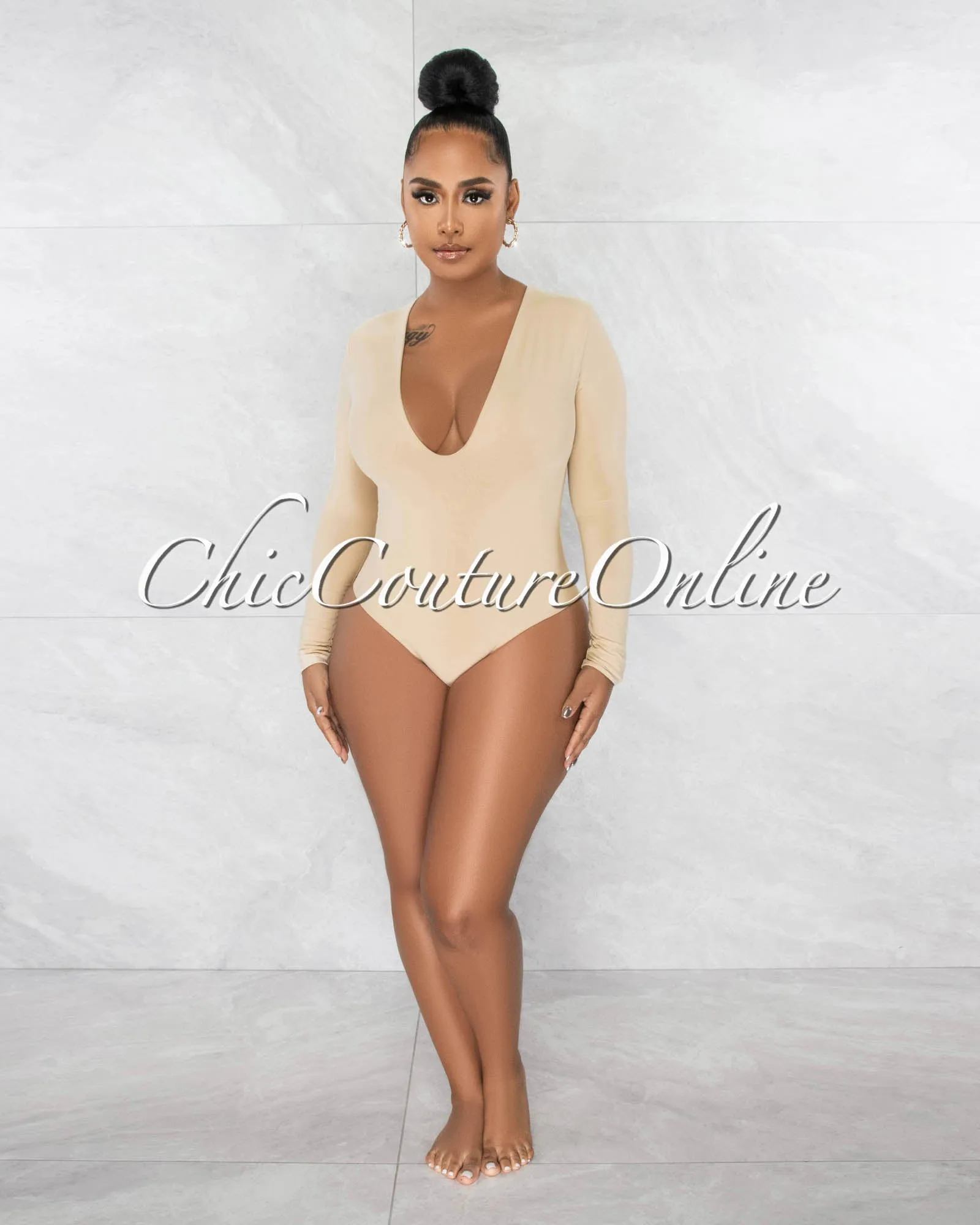 Nilam Nude Deep V Neck Long Sleeves Bodysuit