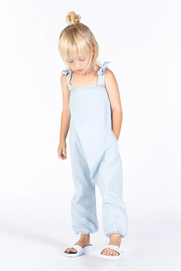 OMAMImini Chambray Pleated Girls Jumpsuit - Light Blue