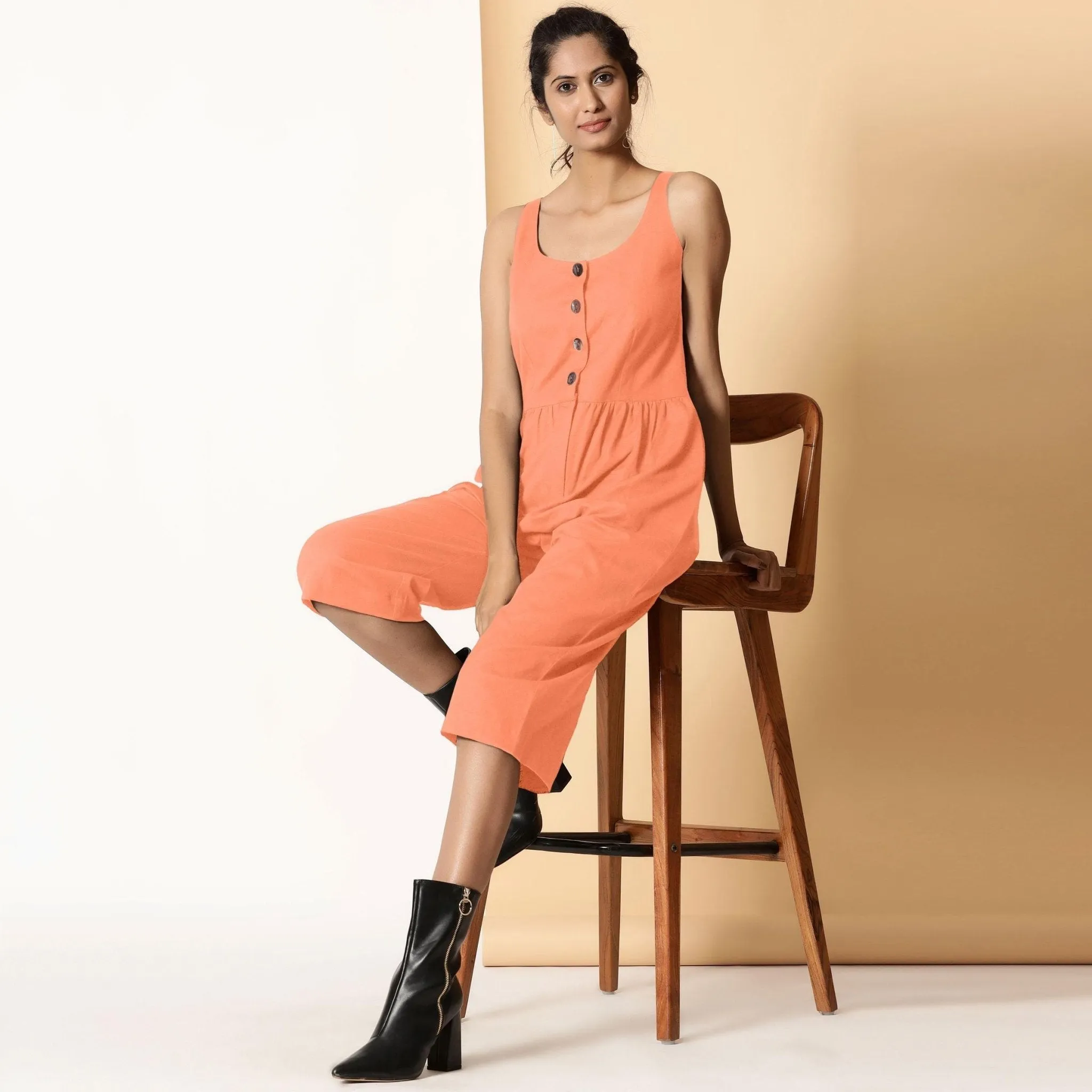 Peach Cotton Flax Button-Down Midi Jumpsuit