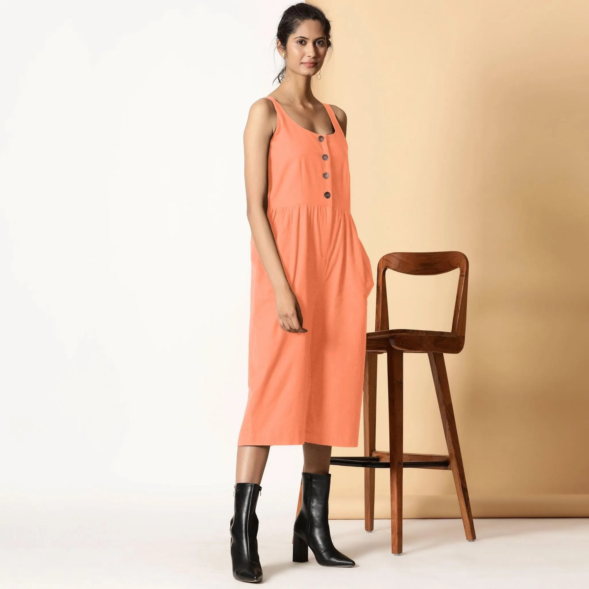 Peach Cotton Flax Button-Down Midi Jumpsuit