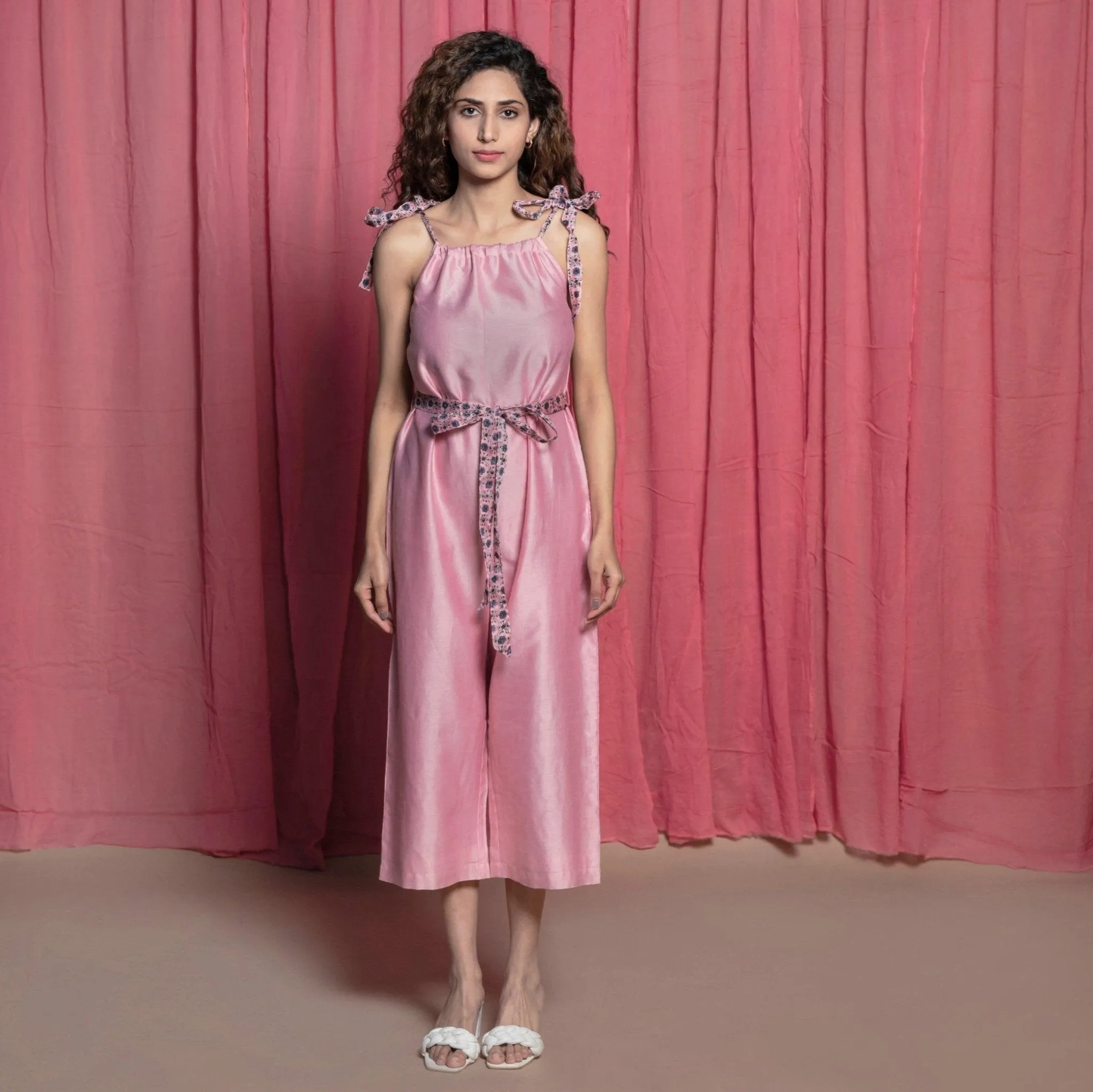 Pink Cotton Chanderi Block Printed Tie Neck Midi Jumpsuit