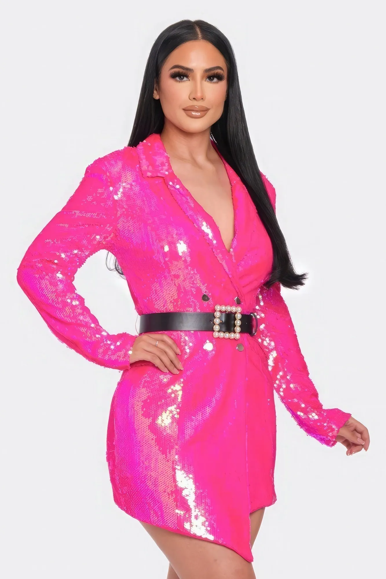 Pink Pearl Belted Sequin Blazer Mini Dress