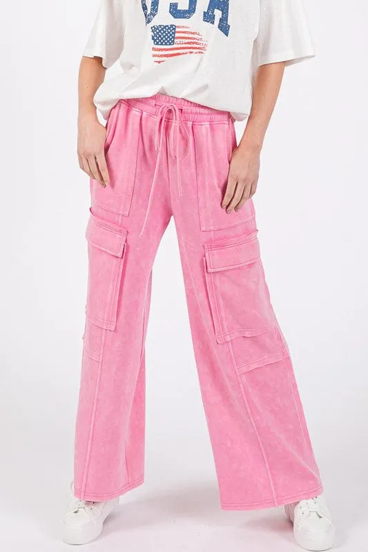 Pink Stretched Mineral Washed Cargo Pants