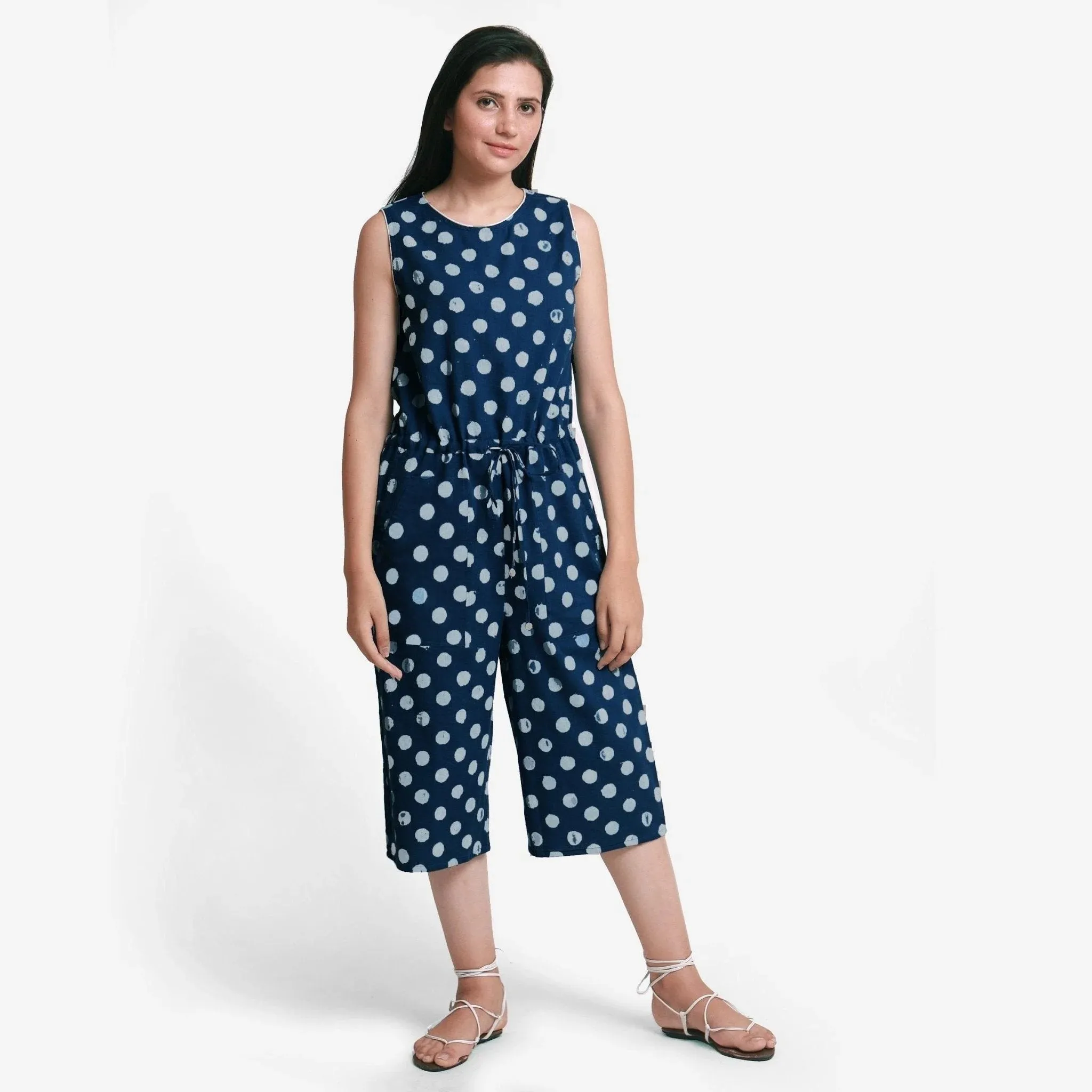 Polka Dot Block Print Cotton Midi Jumpsuit