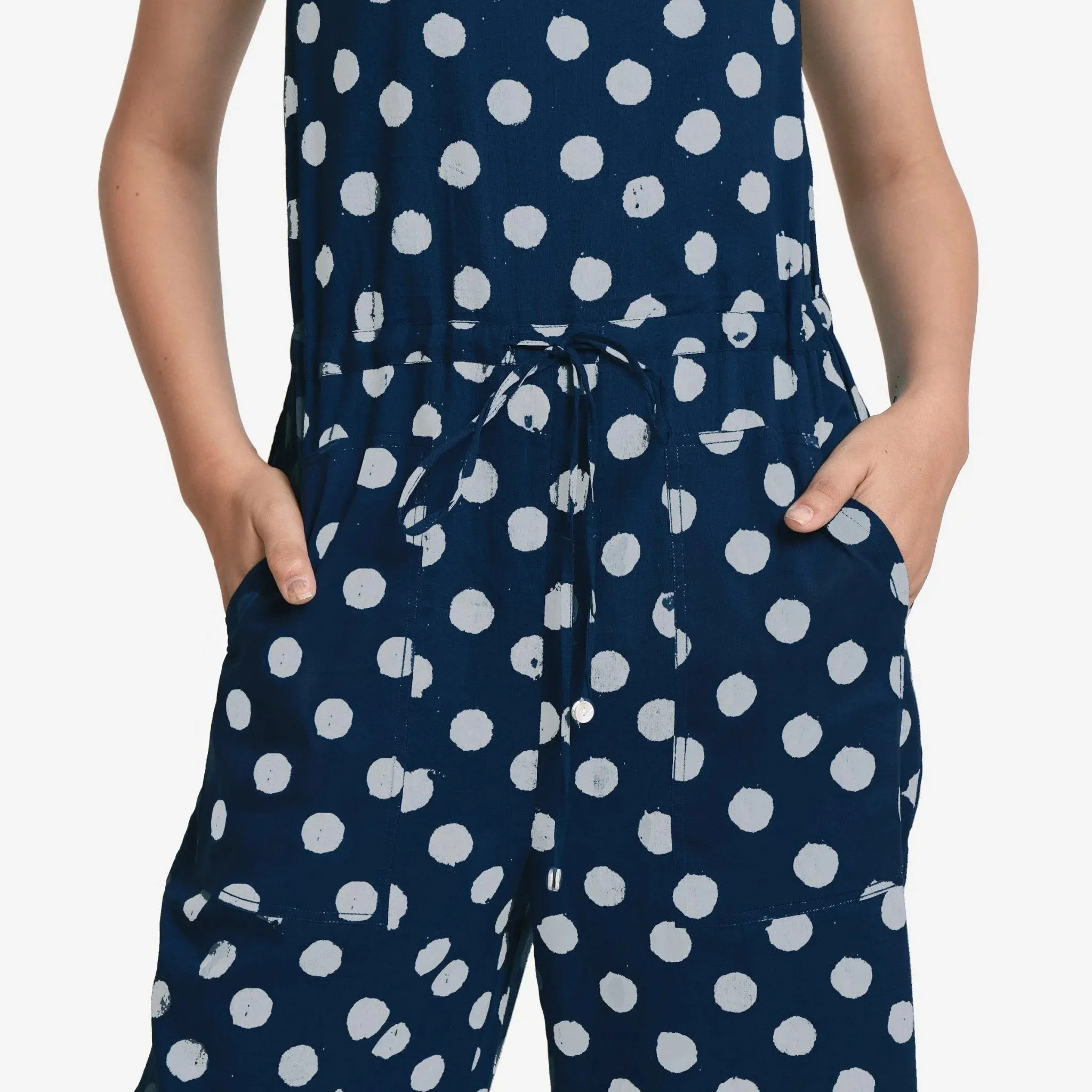 Polka Dot Block Print Cotton Midi Jumpsuit