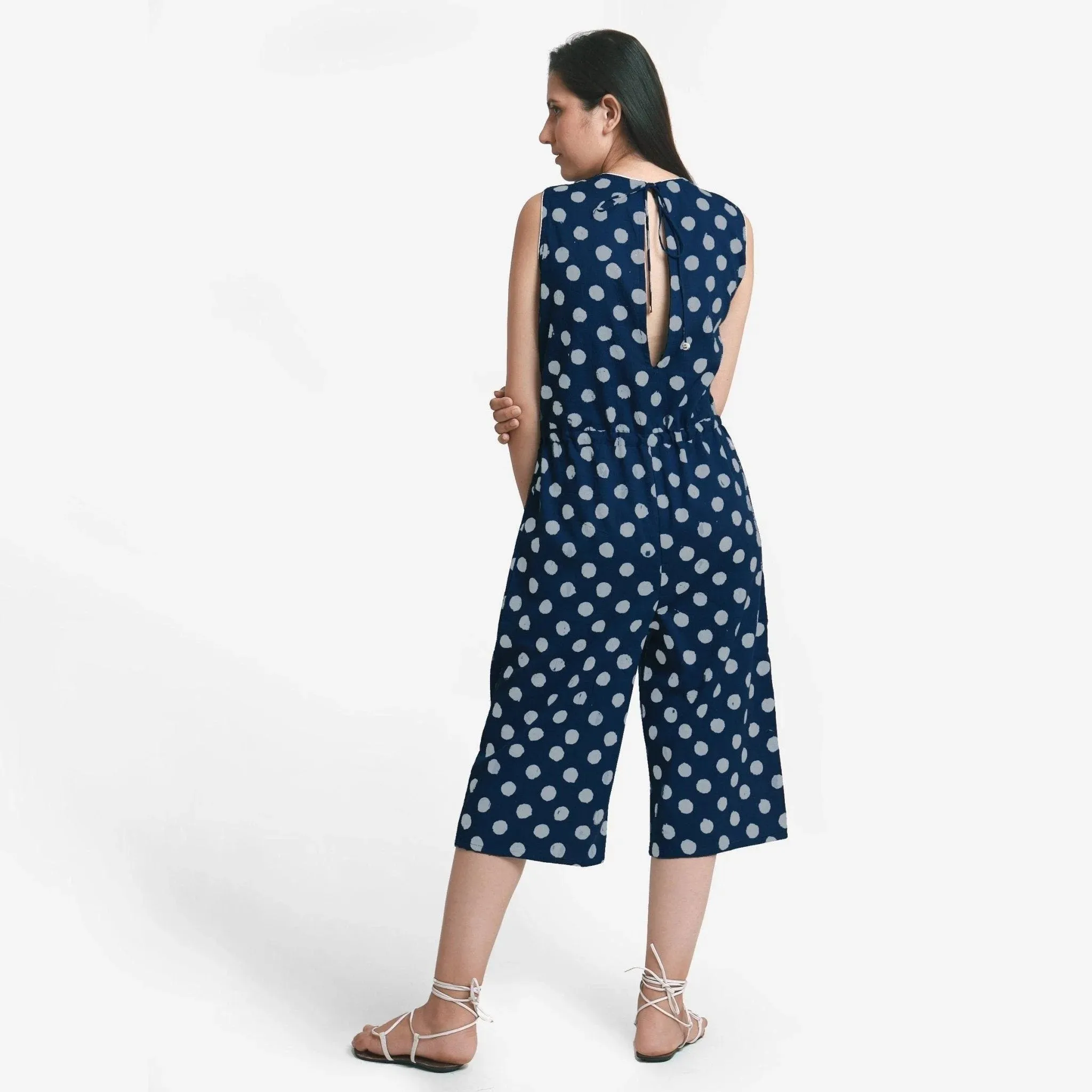 Polka Dot Block Print Cotton Midi Jumpsuit