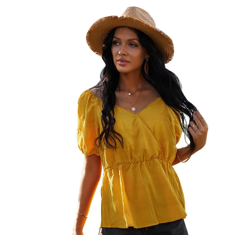 Puff Sleeve V-neck Short Sleeve Top