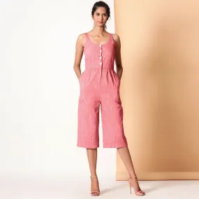 Red 100% Cotton Sleeveless Button-Down Jumpsuit