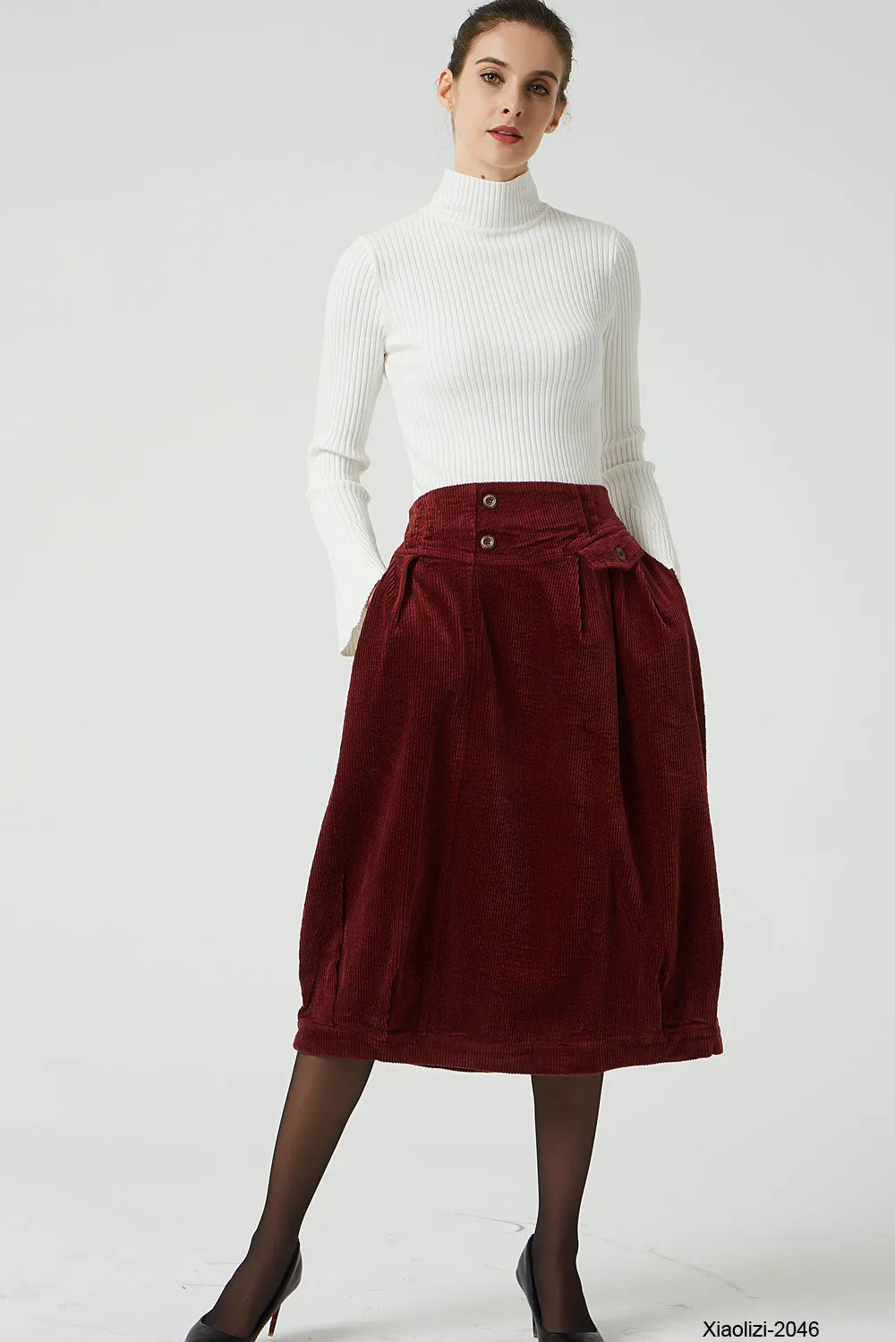 red corduroy bubble skirt, elastic waist skirt 2046