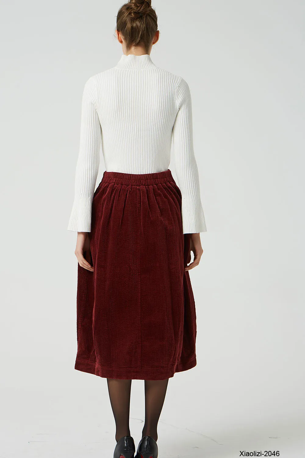 red corduroy bubble skirt, elastic waist skirt 2046